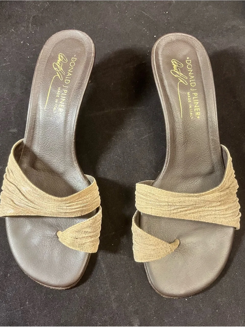 Donald J. Pliner Bronze-Gold Metallic Ruched Toe-Loop Kitten Heels